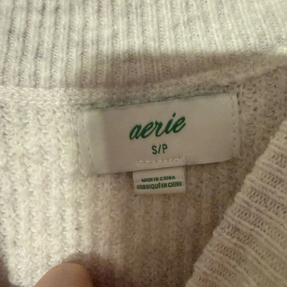 aerie Light White Ribbed Crewneck Sweater